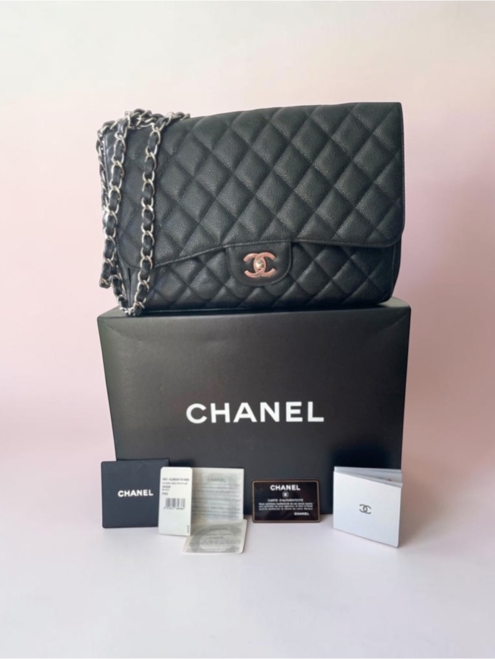 Chanel Classic Jumbo Quilted Grained Flap Bag Silver Chain Hardware
